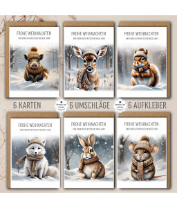 6 Weihnachtskarten im Set - Einzigartige niedliche Tiermotive im Schnee