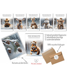 12 Weihnachtskarten im Set - Einzigartige niedliche Tiermotive im Schnee