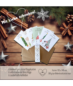 6 Weihnachtskarten im Set - Einzigartige niedliche Katzenmotive im Schnee