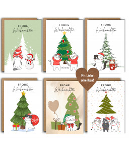 12 Weihnachtskarten im Set - Einzigartige witzige Katzenmotive