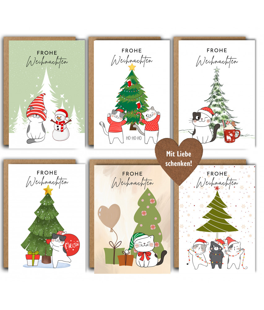 12 Weihnachtskarten im Set - Einzigartige witzige Katzenmotive
