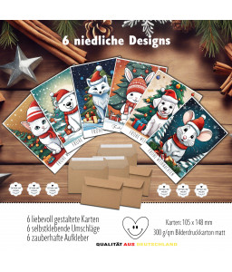 6 Weihnachtskarten im Set - im Retro Stil
