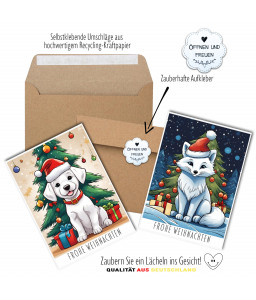 12 Weihnachtskarten im Set - im Retro Stil mit niedlichen Tiermotiven