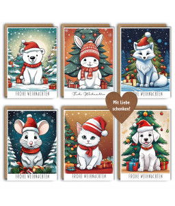 12 Weihnachtskarten im Set - im Retro Stil mit niedlichen Tiermotiven