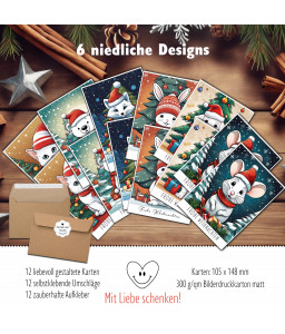 12 Weihnachtskarten im Set - im Retro Stil mit niedlichen Tiermotiven
